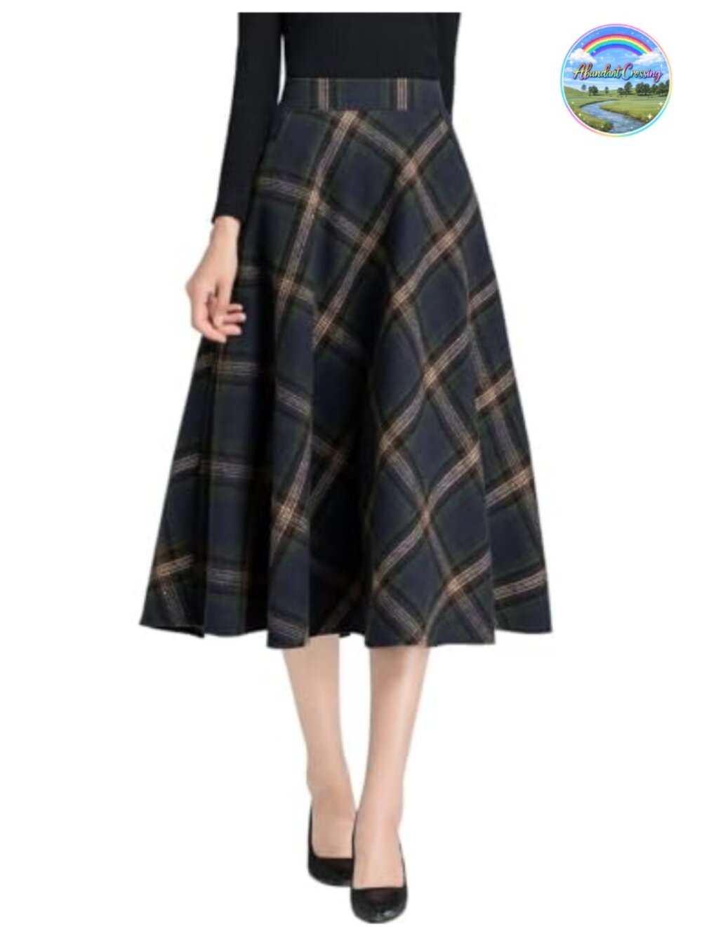 Womens Wool Plaid A-Line Pleated Maxi Skirt Elastic High Waist
